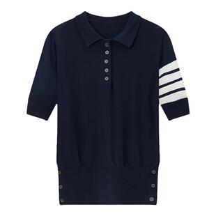 tb小香风短袖翻领polo衫学院冰丝上衣女蓝色半袖针织衫女灰色新款