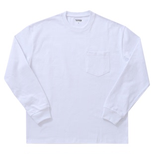 柴米380g宽松落肩重磅长袖T恤男纯棉白色小领口打底衫美式咔叽