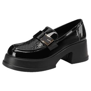 木林森女鞋2025秋季新款厚底增高小皮鞋女士时装单鞋一脚蹬乐福鞋