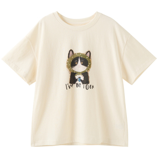 女大童韩版猫咪短袖2026夏季新款青少年宽松薄棉透气T恤初中生潮T