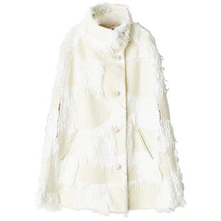 悦空间羊毛斗篷外套女士长毛绒提花宽松无袖立领毛呢大衣原创设计