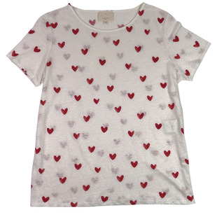 现货~20年夏新款法国ins风纯麻桃心印花圆领宽松简约百搭T恤上衣