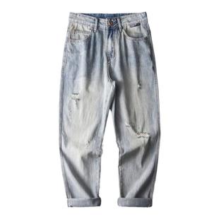 斌斌梨美式复古做旧水洗浅蓝色划痕长裤潮流大码破洞阔腿牛仔裤