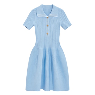 bebe2026春季新款女士通勤简约翻领短袖收腰针织连衣裙130907