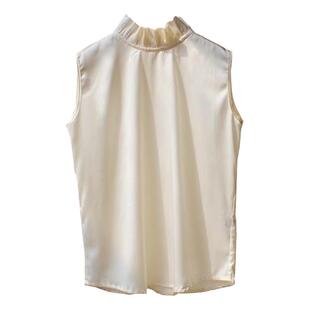 别菲桑蚕丝荷叶领打底衫真丝弹力缎高领无袖上衣春秋高档西服内搭