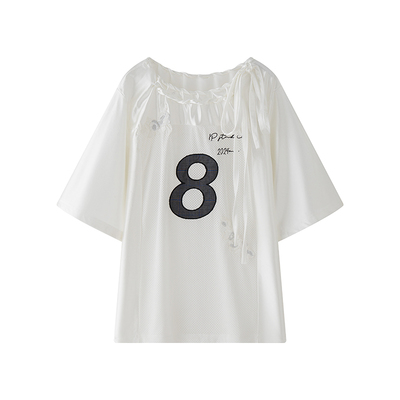 1P STUDIO 'blockcore球衣'亮面拼接网眼露肩上衣斜肩绑带宽松T恤