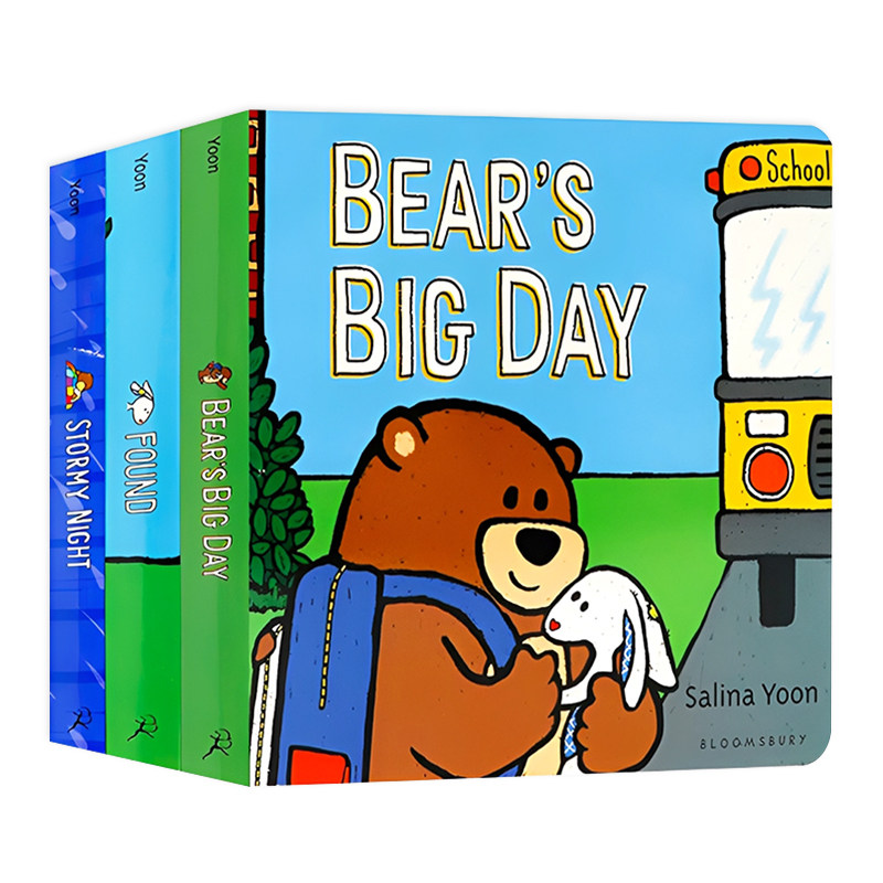 Salina Yoon 熊囧囧与兔太郎系列3册 英文原版绘本 Bear and Floppy Found Stormy Night Bear's Big Day 儿童英语启蒙纸板书