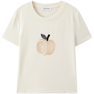 太平鸟26春夏季新款趣味立体苹果图案短袖T恤女士莱赛尔圆领上衣