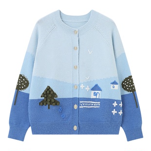Basic House/百家好2026春温柔风渐变蓝卡通房屋提花宽松毛衣外套