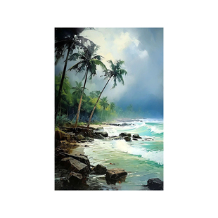 手绘油画海边椰子树风景印象画大芬村现代轻奢玄关装饰客厅肌理画