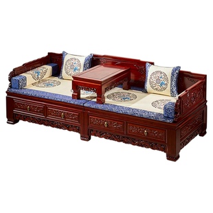 新中式罗汉床小户型榆木推拉两用沙发床复古实木储物床榻客厅家具