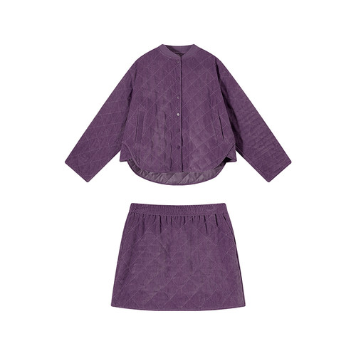 吴童童圆领菱格长袖棉服外套女秋冬韩系宽松显瘦保暖开衫半裙套装