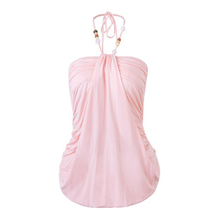 PynkiSwear 浅粉色/浅灰色度假抹胸挂脖上衣夏露背褶皱吊带背心女
