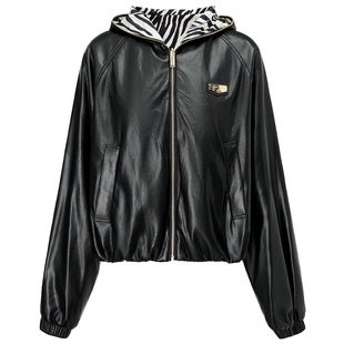 FF仿佛外套女2025秋新款双面可穿连帽皮衣短款夹克
