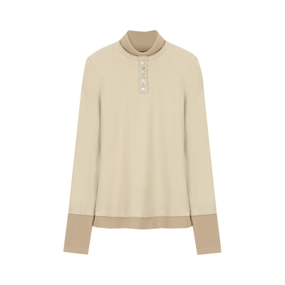 修身拼接贝壳扣假两件长袖打底衫