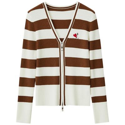 Amii2025早秋新款V领绣花拉链条纹毛织开衫女抗菌发热修身上衣