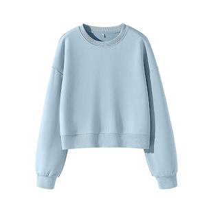 班尼路蓝色卫衣女款2026春夏新款宽松休闲圆领无帽套头短款上衣Q