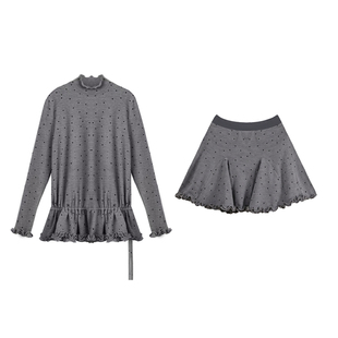 有耳uare原创设计 波点精灵 复古木耳边针织长袖T恤A字半身裙套装