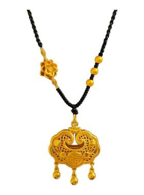 古法沙金如意福字铃铛锁吊坠项链