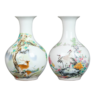 景德镇陶瓷器小花瓶家居装饰品摆件插花干花中式客厅博古架一对瓶