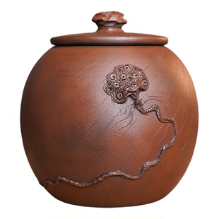 建水全手工紫陶散茶罐防潮密封复古莲花雕刻茶叶罐促转化百搭高级