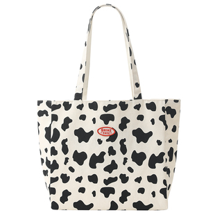 畹町双面可用帆布包女大学生上课包包大容量奶牛纹休闲尼龙单肩包