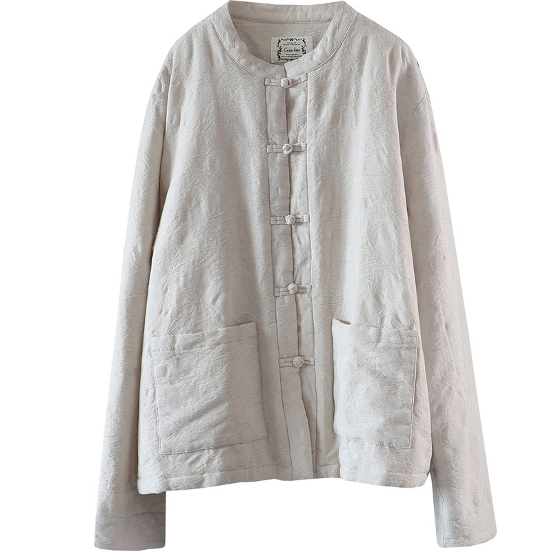 冬季暗纹提花棉麻盘扣棉衣棉服女
