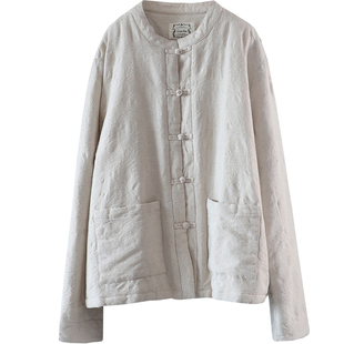 文艺国风暗纹提花夹棉加厚棉麻保暖外套女宽松盘扣长袖棉衣棉服冬