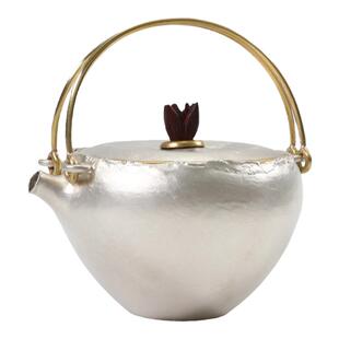 纯银999泡茶壶公道杯日式复古纯手工家用茶具斗笠双提梁银壶 素月