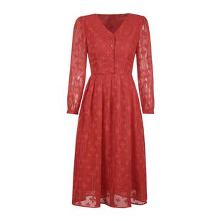 未风红色雪纺提花连衣裙女2026春季新款女装气质高腰显瘦长袖裙子