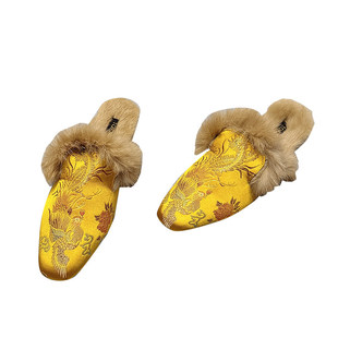 毛毛半拖鞋女印花缎面平底穆勒鞋旗袍鞋复古金黄色加绒保暖懒人鞋