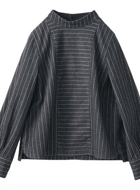 女式棉混立领条纹罩衫