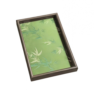 中式刺绣竹叶光影托盘客厅桌面杂物收纳盘木质置物盘复古文玩茶盘