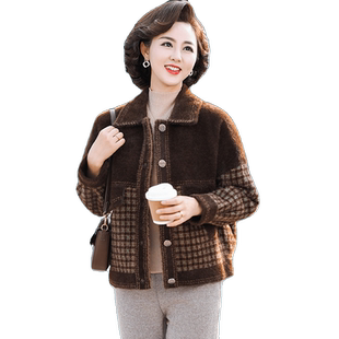 妈妈秋冬装格子毛呢外套短款40岁50中年春秋水貂绒套装中老年女装