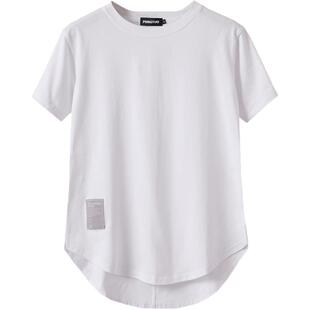 潮牌内搭圆弧形下摆前短后长白色短袖T恤打底衫男宽松叠穿开叉款t