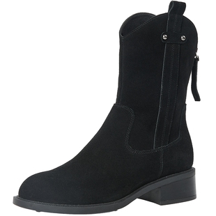 商场同款百田森全牛皮真皮女靴新款中筒靴女秋冬西部牛仔靴子