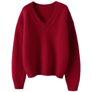 南法气质~重磅加厚粗棒针V领山羊绒衫女纯羊绒毛衣针织衫宽松秋冬