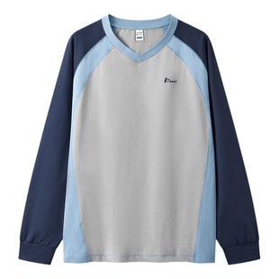 森马长袖T恤男春季撞色拼接速干上衣2026新款小宽松V领字母情侣装