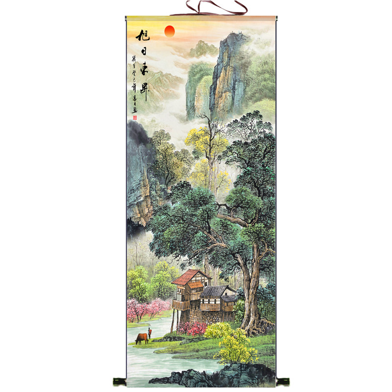 旭日东升流水生财丝绸画