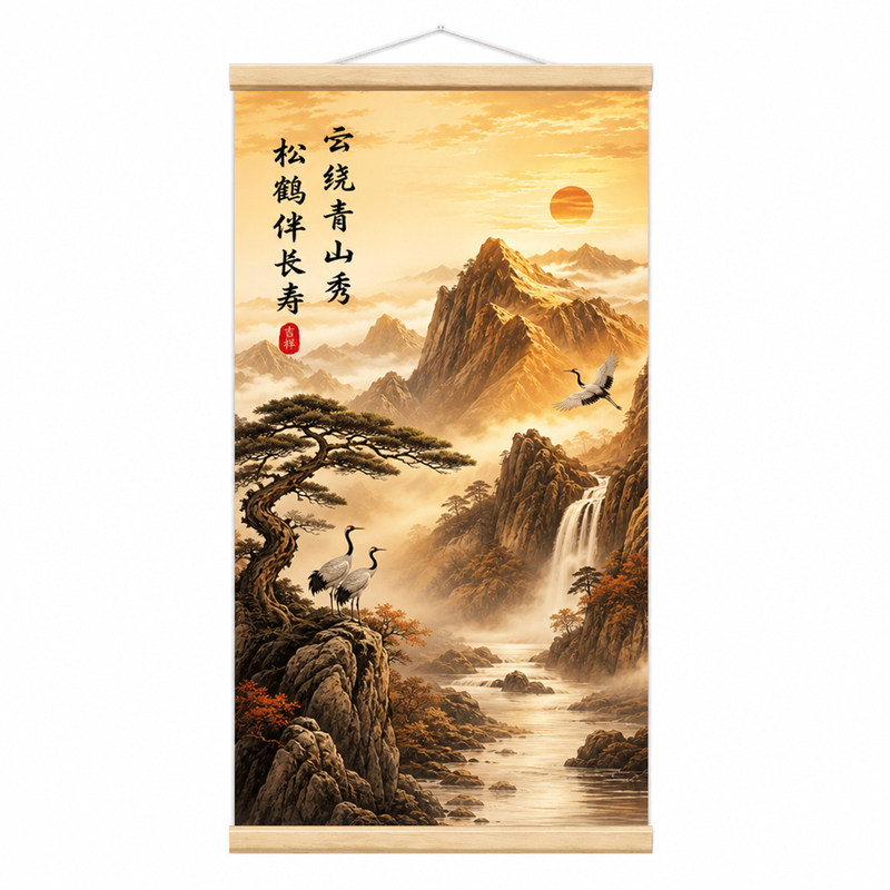 新中式背靠金山山水画轴装饰画客厅书房风景画挂画国画瀑布山景画