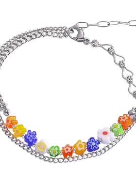 韩国新款小清新简约亚克力花朵钛钢手链女in潮可爱气质双层手串