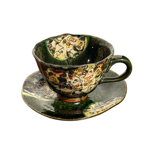 同合日本进口织部招财猫咖啡杯碟套装手工日式釉下彩卡布奇诺杯