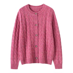 轻奢点子纱100%纯山羊绒衫麻花纹开衫圆领宽松针织毛衣通勤外套女