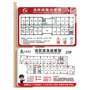 消防疏散示意图安全疏散贴纸酒店宾馆学校医院亚克力标识牌应急出口应急逃生指示图安全通道指示牌墙贴纸定制