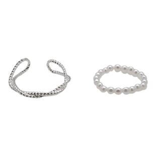 KANSAI新款小米珠亮银麻花2件套戒指女时尚个性小众指环食指尾戒