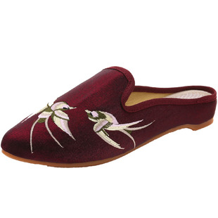 老北京布拖鞋尖头时尚风民族风真丝绸缎绣花鞋欧洲站包头半凉鞋夏