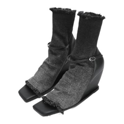 OUDE WAAG  做旧露趾高筒弹力牛仔女士忍者鞋