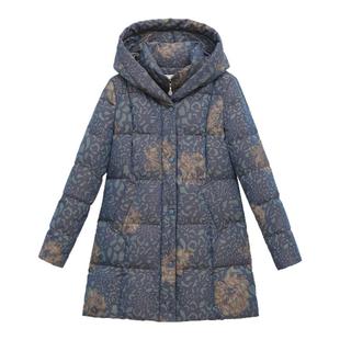 妙采中老年大码羽绒服中长款气质印花宽松优雅羽绒服连帽假两件