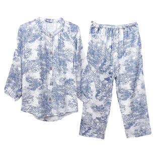 简约开衫长袖长裤纯棉双层纱布睡衣女加大码胖mm200斤宽松家居服