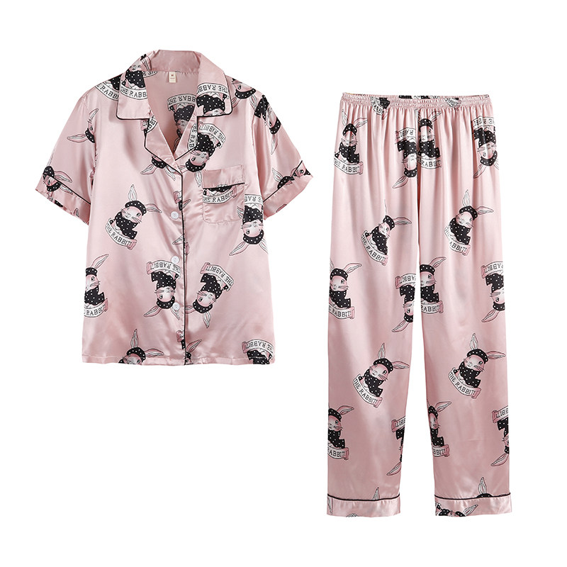 睡衣女春夏冰丝短袖薄款性感韩版开衫长裤家居服丝绸两件套装大码